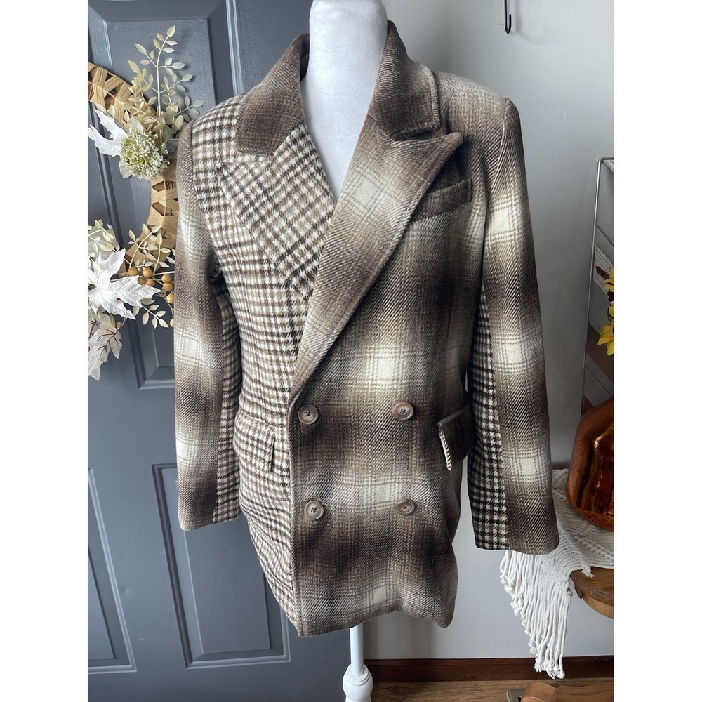 Avec Les Filles Blazer Womens Medium Brown Plaid Double Breasted Wool Blend Coat